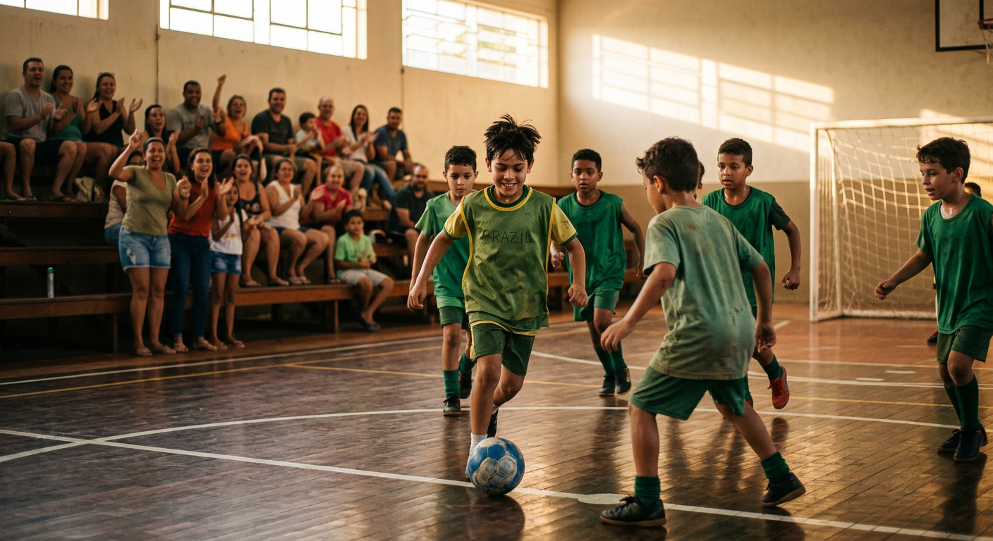 Crianças jogando futsal enquanto familiares acompanham da arquibancada